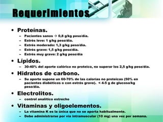 Requerimientos 
• Proteínas. 
– Pacientes sanos  0,8 g/kg peso/día. 
– Estrés leve: 1 g/kg peso/día. 
– Estrés moderado: 1,3 g/kg peso/día. 
– Estrés grave: 1,5 g/kg peso/día. 
– Estrés muy grave: 2 g/kg peso/día 
• Lípidos. 
– 30-40% del aporte calórico no proteico, no superar los 2,5 g/kg peso/día. 
• Hidratos de carbono. 
– Su aporte supone un 60-70% de las calorías no proteicas (50% en 
pacientes diabéticos o con estrés grave). < 4-5 g de glucosa/kg 
peso/día. 
• Electrolitos. 
– control analítico estrecho 
• Vitaminas y oligoelementos. 
– La vitamina K es la única que no se aporta habitualmente. 
– Debe administrarse por vía intramuscular (10 mg) una vez por semana. 
 