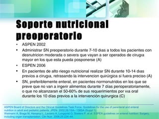 Soporte nutricional 
preoperatorio 
• ASPEN 2002 
• Administrar SN preoperatorio durante 7-10 dıas a todos los pacientes con 
desnutricion moderada o severa que vayan a ser operados de cirugıa 
mayor en los que esta pueda posponerse (A) 
• ESPEN 2006 
• En pacientes de alto riesgo nutricional realizar SN durante 10-14 dıas 
previos a cirugıa, retrasando la intervencion quirúrgica si fuera preciso (A) 
• SN, preferiblemente enteral, en pacientes normonutridos en los que se 
preve que no van a ingerir alimentos durante 7 días perioperatoriamente, 
o que no alcanzaran el 50-60% de sus requerimientos por vıa oral 
durante los 10 días previos a la intervención quirurgica (C) 
ASPEN Board of Directors and the Clinical Guidelines Task Force. Guidelines for the use of parenteral and enteral 
nutrition in adult and pediatric patients. JPEN. 2002;26:1SA– 138SA (Suppl 1). 
Weimann A, Braga M, Harsanyi L, Laviano A, Lungqvist O, Soeters P, et al. ESPEN guidelines on enteral nutrition: Surgery, 
including organ transplantation. Clin Nutr. 2006;25:224–44. 
 