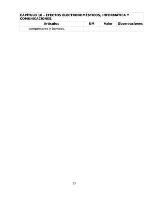 CAPÍTULO 10 – EFECTOS ELECTRODOMÉSTICOS, INFORMÁTICA Y
COMUNICACIONES.
Artículos UM Valor Observaciones
compresores y bombas.
23
 