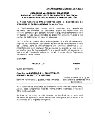 ANEXO RESOLUCIÓN NO. 207-2014
LISTADO DE VALORACIÓN EN ADUANA
PARA LAS IMPORTACIONES SIN CARÁCTER COMERCIAL
Y SUS NOTAS GENERALES PARA LA INTERPRETACIÓN.
1. Notas Generales Interpretativas para la clasificación de
productos en la Nomenclatura no comercial.
1.- Considerando que resulta difícil presentar una descripción
detallada del universo de productos objeto de importación sin
carácter comercial, por persona natural, la siguiente Nomenclatura de
productos recoge listas limitadas de productos con sus valores a los
efectos de determinar el valor en aduanas.
2.- Con el fin de conocer el valor de un producto, a efectos aduaneros,
se parte de la correcta clasificación del mismo en la Nomenclatura de
los ¨Límites para la determinación del carácter comercial a las
importaciones que realizan las personas naturales, y sus notas
generales para la interpretación¨, y a continuación el producto se
busca en el Listado de valoración, en el correspondiente Capítulo e
Ítem donde se encuentre.
EJEMPLO:
PRODUCTOS VALOR
Queso parmesano.
Clasifica en CAPITULO 01 - COMESTIBLES,
BEBIDAS, TABACOS Y CIGARROS.
Ítem #4 Mantequillas, quesos, otros similares.
2.50
*Hasta el límite de 5 Kg. de
cada artículo contenido en la
descripción.
3.- El valor de los productos está referido a unidades de cuenta (Uno,
Juego), peso (kilogramo), medida (metro, metro cuadrado) y volumen
(litro, metro cúbico).
4.- Cuando se trate de misceláneas, es facultad de la autoridad
aduanera la aplicación de la alternativa valor/peso, de acuerdo a lo
establecido en la legislación vigente.
4
 