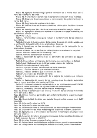 Figura 41. Ejemplo de metodología para la estimación de la media móvil para 3
horas de un conjunto de datos
Figura 42. Media móvil de ocho horas de series temporales con datos inválidos
Figura 43. Diagrama de comparación de la concentración de contaminante con la
norma de 8 horas
Figura 44. Descripción de un diagrama de caja
Figura 45. Gráfica de series de tiempo donde se validan picos de O3 en horas de
la madrugada
Figura 48. Nomograma para cálculo de estabilidad atmosférica según Pasquill
Figura 49. Ejemplo de distribución horaria de la altura de la capa de mezcla para
determinada zona de estudio
LISTA DE TABLAS
Tabla 1. Herramientas básicas para realizar el mantenimiento de las estaciones
automáticas
Tabla 2. Ejemplo de la composición de la mezcla de gases del cilindro usado para
la verificación de la calibración de los analizadores de gases
Tabla 3. Periodicidad de las operaciones de control de la calibración de los
analizadores de gases
Tabla 4. Criterios para la verificación de la exactitud de analizadores de gases
Tabla 5. Formato de calibración de SPAN y CERO
Tabla 6. Formato de calibración multipunto
Tabla 7. Descripción del significado de los parámetros de calibración de equipos
automáticos
Tabla 8. Desarrollo de un Programa de Control y Aseguramiento de la Calidad
Tabla 9. Actividades rutinarias de AC para cada estación de vigilancia
Tabla 10. Procedimientos de calibración
Tabla 11. Ejemplo de tabla de validación de datos en campo
Tabla 12. Tipos de banderas que invalidan los datos
Tabla 13. Tipos de banderas que no invalidan los datos
Tabla 14. Conversión de dirección del viento
Tabla 15. Cuestionario de evaluación de la cadena de custodia para métodos
manuales
Tabla 16. Evaluación del manejo de los reportes desde la estación automática
hasta el centro general de información del SVCA
Tabla 17. Variables iniciales de calidad del aire a ser incluidas dentro del SISAIRE
Tabla 18. Pesos moleculares de algunas sustancias contaminantes
Tabla 19. Nombres y unidades de variables de meteorología
Tabla 20. Datos de concentración de ozono y resultados de los cálculos de la media
móvil para dichos datos
Tabla 21. Límites máximos permisibles por contaminante criterio según Resolución
601 de 2006
Tabla 22. Disponibilidad de datos para calcular los promedios anuales en el SVCA
estudiado
Tabla 23. Información sobre los SVCA
Tabla 24. Información sobre las estaciones
Tabla 25. Información sobre la configuración de las mediciones por contaminante
Tabla 26. Disponibilidad de datos meteorológicos existentes en el SVCA evaluado
Tabla 27. Ejemplo para la presentación del resumen meteorológico anual por horas
para una estación
Tabla 28. Resumen de valores promedios mensuales de las variables climáticas en
el SVCA evaluado durante el año 2002
Tabla 29. Longitud de aspereza superficial en metros
Tabla 30. Categorías de estabilidad para períodos diurnos, condiciones convectivas
Tabla 31. Categorías de estabilidad para períodos nocturnos, condiciones estables
 