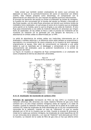 Cabe anotar que también existen analizadores de ozono cuyo principio de
detección se basa en la quimioluminiscencia del ozono al reaccionar con etileno
(C2H4). Este método presenta como desventaja, en comparación con la
determinación por absorción UV, que requiere de agentes químicos reaccionantes.
El principio de operación del equipo es similar al analizador de óxidos de nitrógeno,
la muestra de aire succionada por la bomba del equipo es filtrada y bifurcada en
dos flujos iguales, uno de estos flujos atraviesa una sección que contiene óxidos de
molibdeno como catalizador, el cual atrapa el ozono de la muestra que es empleada
como patrón en la medida, para lo cual es dirigida a una celda de medición. El otro
flujo pasa directamente a una celda de medición diferente sin atravesar por ningún
lecho de catalizador. En las celdas se lleva a cabo el proceso de irradiación de las
muestras (la radiación UV es generada por una lámpara de mercurio) y la
absorbancia en ambas celdas es determinada por un PMT.
La señal de absorbancia de ambas celdas son traducidas internamente por el
analizador a señales eléctricas y la diferencia entre estas señales es proporcional y
equivalente a la concentración de ozono presente en la muestra de aire ingresada
originalmente al equipo. Este valor de concentración es traducido a una señal
digital la cual es reportada por el datalogger y almacenado en la unidad de
procesamiento del analizador, para su posterior transferencia a la central de
información del SVCA.
La Figura 16 muestra un diagrama de flujo correspondiente a un analizador de
ozono empleando la técnica de absorción ultravioleta.
5.2.1.5. Analizador de monóxido de carbono (CO)
Principio de operación: Correlación de Filtro de Gas (GFC) La incidencia de
radiación infrarroja (IR) atraviesa una rueda rotatoria filtrante de gas (una mitad
contiene CO y la otra mitad contiene nitrógeno) antes de ingresar a la celda de
muestra. Cuando la radiación infrarroja pasa a través de la mitad de la rueda que
contiene CO, todas las longitudes de onda absorbidas por el CO son completamente
removidas de la radiación, creando un rayo de “referencia” el cual no resulta
afectado por el CO en la muestra que se mide. Cuando la energía IR atraviesa la
mitad de la rueda que contiene nitrógeno, las longitudes de onda específicas de CO
no son removidas de la radiación, y un rayo de “medición” será atenuado por CO en
la muestra. La rotación de la rueda de filtro de gas crea un haz que alterna entre
 