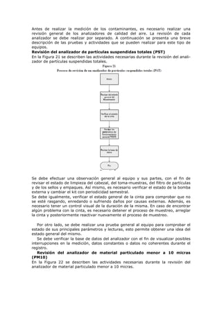 Antes de realizar la medición de los contaminantes, es necesario realizar una
revisión general de los analizadores de calidad del aire. La revisión de cada
analizador se debe realizar por separado. A continuación se presenta una breve
descripción de las pruebas y actividades que se pueden realizar para este tipo de
equipos.
Revisión del analizador de partículas suspendidas totales (PST)
En la Figura 21 se describen las actividades necesarias durante la revisión del anali-
zador de partículas suspendidas totales.
Se debe efectuar una observación general al equipo y sus partes, con el fin de
revisar el estado de limpieza del cabezal, del toma-muestras, del filtro de partículas
y de los sellos y empaques. Así mismo, es necesario verificar el estado de la bomba
externa y cambiar el kit con periodicidad semestral.
Se debe igualmente, verificar el estado general de la cinta para comprobar que no
se esté rasgando, enredando o sufriendo daños por causas externas. Además, es
necesario tener un control visual de la duración de la misma. En caso de encontrar
algún problema con la cinta, es necesario detener el proceso de muestreo, arreglar
la cinta y posteriormente reactivar nuevamente el proceso de muestreo.
Por otro lado, se debe realizar una prueba general al equipo para comprobar el
estado de sus principales parámetros y lecturas, esto permite obtener una idea del
estado general del mismo.
Se debe verificar la base de datos del analizador con el fin de visualizar posibles
interrupciones en la medición, datos constantes o datos no coherentes durante el
registro.
Revisión del analizador de material particulado menor a 10 micras
(PM10)
En la Figura 22 se describen las actividades necesarias durante la revisión del
analizador de material particulado menor a 10 micras.
 