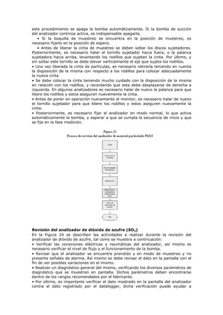 este procedimiento se apaga la bomba automáticamente. Si la bomba de succión
del analizador continúa activa, es indispensable apagarla.
• Si la boquilla de muestreo se encuentra en la posición de muestreo, es
necesario fijarlo en la posición de espera.
• Antes de liberar la cinta de muestreo se deben soltar los discos sujetadores.
Posteriormente, es necesario halar el tornillo sujetador hacia fuera, o la palanca
sujetadora hacia arriba, levantando los rodillos que sujetan la cinta. Por último, y
sin soltar este tornillo se debe elevar verticalmente el eje que sujeta los rodillos.
• Una vez liberada la cinta de partículas, es necesario retirarla teniendo en cuenta
la disposición de la misma con respecto a los rodillos para colocar adecuadamente
la nueva cinta.
• Se debe colocar la cinta teniendo mucho cuidado con la disposición de la misma
en relación con los rodillos, y recordando que esta debe desplazarse de derecha a
izquierda. En algunos analizadores es necesario halar de nuevo la palanca para que
libere los rodillos y estos aseguren nuevamente la cinta.
• Antes de poner en operación nuevamente el monitor, es necesario halar de nuevo
el tornillo sujetador para que libere los rodillos y estos aseguren nuevamente la
cinta.
• Posteriormente, es necesario fijar el analizador en modo normal, lo que activa
automáticamente la bomba, y esperar a que se cumpla la secuencia de inicio y que
se fije en la fase medición.
Revisión del analizador de dióxido de azufre (SO2)
En la Figura 24 se describen las actividades a realizar durante la revisión del
analizador de dióxido de azufre, tal como se muestra a continuación:
• Verificar las conexiones eléctricas y neumáticas del analizador, así mismo es
necesario verificar el nivel de flujo y el funcionamiento de la bomba.
• Revisar que el analizador se encuentre prendido y en modo de muestreo y no
presente señales de alarma. Así mismo se debe revisar el dato en la pantalla con el
fin de ver posibles variaciones en el mismo.
• Realizar un diagnóstico general del mismo, verificando los diversos parámetros de
diagnóstico que se muestran en pantalla. Dichos parámetros deben encontrarse
dentro de los rangos recomendados por el fabricante.
• Por último, es importante verificar el dato mostrado en la pantalla del analizador
contra el dato registrado por el datalogger, dicha verificación puede ayudar a
 