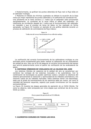 • Posteriormente, se grafican los puntos obtenidos de flujo real vs flujo leído en
el calibrador multigas.
• Mediante el método de mínimos cuadrados se obtiene la ecuación de la línea
recta que mejor representa los puntos obtenidos y el coeficiente de correlación R2.
Una pendiente de la recta cercana a 1 indica que el calibrador está funcionando
apropiadamente. La constante de la recta indica el offset del calibrador. Un
coeficiente de correlación alejado de 1 indica que el funcionamiento del calibrador
es inestable o que el proceso de toma de datos no fue realizado en forma
apropiada. La Figura 34 muestra un ejemplo de una gráfica obtenida durante un
proceso de calibración de controladores de flujo másico.
La verificación del correcto funcionamiento de los calibradores multigas es una
actividad previa fundamental para poder realizar la calibración de los analizadores
de calidad de aire. Esto con el fin de asegurar el correcto funcionamiento del equipo
que servirá posteriormente como el patrón de verificación de los analizadores de
gases.
6. SISTEMAS HÍBRIDOS DE VIGILANCIA DE LA CALIDAD DEL AIRE
Los sistemas híbridos de vigilancia de la calidad del aire se caracterizan por
combinar las ventajas de los sistemas manuales y los automáticos. Con la
combinación de tecnologías se pueden optimizar costos y ampliar la cobertura del
sistema aprovechando la resolución y oportunidad de los métodos automáticos y los
menores costos de los métodos manuales. Estos sistemas tienen una desventaja,
dado que el grado de entrenamiento de los operarios debe ser mayor, así como la
cantidad del personal requerido, aspecto que puede minimizarse con los equipos
semiautomáticos.
La Figura 35 muestra las etapas generales de operación de un SVCA híbrido. Tal
como se observa, está compuesto por cinco etapas que combinan las de los otros
SVCA ya vistos.
7. ELEMENTOS COMUNES EN TODOS LOS SVCA
 
