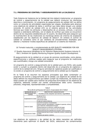 7.1. PROGRAMA DE CONTROL Y ASEGURAMIENTO DE LA CALIDAD16
Todo Sistema de Vigilancia de la Calidad del Aire deberá implementar un programa
de control y aseguramiento de la calidad que deberá involucrar los elementos
descritos a continuación. Un programa de aseguramiento de calidad (AC) se define
como un conjunto de actividades organizadas por etapas, diseñadas para alcanzar
unos objetivos de calidad de datos y certificar que tales datos tengan una calidad
conocida. El control de calidad (CC) es el sistema general de las actividades
técnicas que miden los atributos y desempeños de un proceso, artículo, o servicio
respecto a estándares definidos, con el objeto de verificar que estos se encuentren
dentro de los requisitos establecidos por el usuario. Se desarrolla para asegurar que
la incertidumbre de las mediciones se mantenga dentro de criterios de aceptación
establecidos por los objetivos de calidad de datos17. En síntesis el control de
calidad se considera como el uso cotidiano de procedimientos diseñados para
obtener y mantener niveles específicos de calidad en un sistema de medición.
16 Tomado traducido y complementado de AIR QUALITY HANDBOOK FOR AIR
QUALITY MEASUREMENTS SYSTEMS.
17 Quality Assurance Handbook for Air Pollution Measurement Systems Volume II:
Part 1 Ambient Air Quality Monitoring Program Quality System Development.
El aseguramiento de la calidad es un grupo de acciones coordinadas, como planes,
especificaciones y políticas usadas para asegurar que el programa de mediciones
sea cuantificable y tenga una calidad conocida18.
Un programa de control y aseguramiento de la calidad para una SVCA, solo puede
existir y cumplir su propósito dentro del desarrollo de un programa de vigilancia y
control de la calidad del aire. Ninguna actividad de vigilancia puede ser justificada si
no existe un programa de control y aseguramiento de la calidad que la respalde.
En la Tabla 8 se resumen los aspectos principales que debe contemplar un
programa de control y aseguramiento de la calidad. Los objetivos de calidad de los
datos definen los requerimientos que deben cumplir las mediciones, de manera que
estas puedan ser usadas para resolver las preguntas formuladas en los objetivos de
vigilancia, debiendo cumplir con ciertas características tales como: exactitud,
precisión, integridad, representatividad y compatibilidad.
Los objetivos de vigilancia y de calidad de los datos necesitan ser definidos
claramente para optimizar el diseño del SVCA, seleccionar los contaminantes
 
