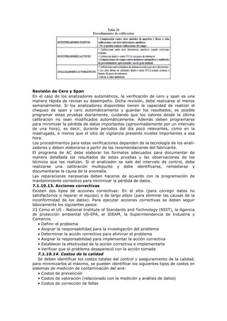 Revisión de Cero y Span
En el caso de los analizadores automáticos, la verificación de cero y span es una
manera rápida de revisar su desempeño. Dicha revisión, debe realizarse al menos
semanalmente. Si los analizadores disponibles tienen la capacidad de realizar el
chequeo de span y cero automáticamente y guardar los resultados, es posible
programar estas pruebas diariamente, cuidando que los valores desde la última
calibración no sean modificados automáticamente. Además deben programarse
para minimizar la pérdida de datos importantes (aproximadamente por un intervalo
de una hora), es decir, durante periodos del día poco relevantes, como en la
madrugada, a menos que el sitio de vigilancia presente niveles importantes a esa
hora.
Los procedimientos para estas verificaciones dependen de la tecnología de los anali-
zadores y deben elaborarse a partir de las recomendaciones del fabricante.
El programa de AC debe elaborar los formatos adecuados para documentar de
manera detallada los resultados de estas pruebas y las observaciones de los
técnicos que las realizan. Si el analizador se sale del intervalo de control, debe
realizarse una calibración multipunto y debe identificarse, remediarse y
documentarse la causa de la anomalía.
Las reparaciones necesarias deben hacerse de acuerdo con la programación de
mantenimiento correctivo para minimizar la pérdida de datos.
7.1.10.13. Acciones correctivas
Existen dos tipos de acciones correctivas: En el sitio (para corregir datos no
satisfactorios o reparar el equipo) o de largo plazo (para eliminar las causas de la
inconformidad de los datos). Para ejecutar acciones correctivas se deben seguir
básicamente los siguientes pasos:
23 Como el US - National Institute of Standards and Technology (NIST), la Agencia
de protección ambiental US-EPA, el IDEAM, la Superintendencia de Industria y
Comercio.
• Definir el problema
• Asignar la responsabilidad para la investigación del problema
• Determinar la acción correctiva para eliminar el problema
• Asignar la responsabilidad para implementar la acción correctiva
• Establecer la efectividad de la acción correctiva e implementarla
• Verificar que el problema desapareció con la acción tomada
7.1.10.14. Costos de la calidad
Se deben identificar los costos totales del control y aseguramiento de la calidad,
para minimizarlos al máximo, se pueden identificar los siguientes tipos de costos en
sistemas de medición de contaminación del aire:
• Costos de prevención
• Costos de valoración (relacionado con la medición y análisis de datos)
• Costos de corrección de fallas
 