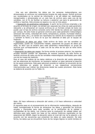 Una vez son obtenidos los datos por los sensores meteorológicos son
almacenados en archivos con extensiones propias de cada equipo. Dichos archivos
son recolectados en la central de información y de allí deben ser clasificados,
reorganizados y almacenados en un solo tipo de archivo para cada una de las
variables, con el fin de facilitar su lectura y posterior uso para la generación de
análisis y reportes. Este proceso se separa a su vez en tres pasos:
• Separación de parámetros individuales: A partir de los archivos originales y de
acuerdo al formato de origen, se extraen por separado las cifras de cada parámetro
relevante y se almacenan en nuevos archivos en un formato simple de texto (se
puede usar el tipo de archivo conocido como CSV donde los valores son separados
por comas). De este modo se generan archivos para cada parámetro meteorológico
(dirección del viento, velocidad del viento, temperatura, presión, humedad relativa,
radiación solar, etc.), en donde son reportados los valores de la respectiva variable
y también la fecha y la hora en la que fue obtenido el dato por el equipo de
medición.
• Separación de datos por años: Cada archivo de texto con las variables ya
organizadas, puede ser nuevamente tratado, separando los grupos de datos por
años, es decir que se tendría para cada parámetro meteorológico un grupo de
archivos que corresponderían a cada uno de los años de los que se tiene dicha
información.
• Separación los datos por meses: De forma similar al proceso anterior, los reportes
anuales también pueden ser separados de manera mensual, de esta forma se
tendrán archivos de cada una de las variables meteorológicas clasificadas para cada
uno de los meses de medición.
Para el caso del análisis de los datos relativos a la dirección del viento obtenidos
por las estaciones de monitoreo, es necesario realizar un paso adicional al descrito
en los pasos anteriores. Este paso adicional consiste en realizar la conversión de los
datos obtenidos en grados de dirección a sus respectivas convenciones
internacionales que indican las direcciones desde las cuales provienen. Esta tarea
se elabora de acuerdo con la Tabla 14.
Nota: DV hace referencia a dirección del viento y V.V hace referencia a velocidad
del viento.
El siguiente paso en el procesamiento de la información meteorológica, después de
haber homogenizado la forma de almacenar los datos y generado los archivos
anuales y mensuales para cada variable, es la verificación de la calidad y
confiabilidad de los datos. Los criterios para la evaluación de calidad deben ser
definidos para cada región con base en los valores históricos registrados en las
estaciones del IDEAM, según la elevación sobre el nivel del mar de la estación y de
acuerdo con las secuencias que presentan los datos en cada estación. De esta
forma, los datos que se encuentren fuera de los rangos lógicos no serán tenidos en
 