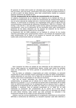 En general, la media móvil puede ser calculada para grupos de series de datos de
tres (3) horas, ocho (8) horas, veinticuatro (24) horas (a partir de datos horarios) y
un año (a partir de datos diarios), para todo contaminante medido en cualquier
estación monitoreo de calidad de aire.
7.3.2.8. Comparación de los valores de concentración con la norma
Un objetivo fundamental de los Sistemas de Vigilancia de la Calidad del Aire, es
verificar el cumplimiento de los niveles de concentración de contaminantes acorde
con la norma nacional de calidad del aire o nivel de inmisión vigente que regule la
materia. A continuación se presenta una metodología tanto para el cálculo de las
concentraciones a condiciones de referencia (Temperatura: 298,15 K y Presión: 760
mmHg ≈ 101.325 Pa ≈ 101,325 KPa) a partir de los valores promedios horarios de
concentración, como de la estimación de los promedios para cada contaminante
partiendo de los datos obtenidos por los equipos de medición de los SVCA y
finalmente la presentación gráfica de los resultados.
La Resolución 601 de 2006 establece en su Capítulo II, artículo 4o los niveles
máximos permisibles para contaminantes criterio y los tiempos de exposición para
cada contaminante. En la Tabla 21 se muestra en resumen por periodo, en los
cuales cada contaminante debe ser comparado.
Para comparar los datos de calidad de aire obtenidos de las mediciones con la
norma, debe seguirse un procedimiento básico, similar para todos los posibles
casos de comparación. De forma general el procedimiento que se sigue es el
siguiente:
Con los datos ya validados y organizados por orden cronológico, se calculará
inicialmente el valor promedio horario (promedio de todos los datos recolectados y
válidos obtenidos en una hora). En la Tabla 20 se encuentra un ejemplo de datos
horarios para ozono recolectados en dos días de monitoreo.
Una vez se tienen estimados los valores de concentración horaria del
contaminante, se procede con el cálculo de la media móvil (ver procedimiento
descrito en la sección 7.3.2.7). El periodo de tiempo para la estimación de la media
móvil se definirá de acuerdo con la comparación que se requiera hacer y según lo
estipulado en la Resolución 601 de 2006 (ver Tabla 21) o la norma que la adicione,
modifique o sustituya. Para el ejemplo presentado en la Tabla 20, se está
realizando la evaluación del cumplimiento de la norma de 8 horas de la
concentración de ozono y por este motivo la media móvil es calculada con grupos
de ocho datos horarios, cabe anotar que este promedio es calculado a las
condiciones propias de la ciudad a la que pertenecen los datos.
Debido a que las normas establecidas en la legislación colombiana se encuentran
definidas a condiciones de referencia, es necesario expresar cada dato obtenido a
 