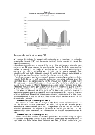 Comparación con la norma para PST
Al comparar los valores de concentración obtenidos en el monitoreo de partículas
suspendidas totales (PST) con la norma nacional, deben tenerse en cuenta los
siguientes aspectos:
• Para la comparación con la norma de 24 horas, debe estimarse el promedio para
conjuntos de 24 datos horarios de un mismo día (sección 7.3.2.5); luego se debe
realizar la respectiva conversión a condiciones de referencia y posteriormente
comparar los valores obtenidos con el valor de la norma nacional. Este
procedimiento solo podrá seguirse en caso de contar con equipos automáticos en
donde se tengan, por lo menos, reportes horarios de concentración.
• Para la comparación con la norma anual, debe emplearse el promedio geométrico
(sección 7.3.2.5) en vez del promedio aritmético. Los datos incluidos serán los
promedios diarios de concentración, por tal motivo para hablar de media móvil
debe contarse con datos históricos superiores a un año y anteriores al año para el
que se desea realizar el informe. Esta comparación es posible realizarla tanto para
estaciones manuales como para automáticas, haciendo la salvedad que la cantidad
de datos obtenidos por los equipos manuales que operan cada tercer día durante el
año no debe ser inferior a 91 datos (75% de los 121 datos que serían el total de
mediciones posibles por muestreadores manuales cada tercer día) y que la cantidad
de datos obtenidos a través de muestreo automático corresponderán a 274 datos,
que corresponden al 75% de los 365 datos que se pueden obtener durante un año
de monitoreo continuo.
Comparación con la norma para PM10
Para realizar la evaluación del cumplimiento de la norma nacional relacionado
con los máximos niveles permisibles de PM10, se siguen las mismas pautas
mencionadas anteriormente para PST, exceptuando que en vez de utilizar el
promedio geométrico, se emplea el promedio aritmético (ver sección 7.3.2.4),
estableciendo como parámetro de comparación los valores correspondientes al
PM10.
Comparación con la norma para SO2
En la normatividad nacional existen tres parámetros de comparación para vigilar
si se están cumpliendo con los niveles máximos permitidos de concentración de
SO2 en el aire, estos límites están definidos para tres (3) horas, veinticuatro (24)
 