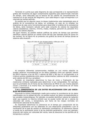 Teniendo en cuenta que cada diagrama de caja corresponde a la representación
gráfica del monitoreo de algún contaminante específico para determinado intervalo
de tiempo, sería adecuado que la lectura de los valores de concentraciones se
realizará en el eje vertical del diagrama y que cada bloque o caja corresponda a un
intervalo de tiempo definido.
Es posible que en algunos casos no desee implementar esta metodología para el
análisis de la consistencia de datos, sin embargo, en caso de no emplear los
diagramas de caja como herramientas para desarrollar el análisis de la consistencia
de datos, sería necesario calcular para cada conjunto de valores los siguientes
valores estadísticos: máximo, mínimo, media, mediana, percentil 25, percentil 75 e
indicar los valores atípicos.
De igual manera, es posible realizar gráficas de series de tiempo que permitan
identificar valores atípicos en ciertas horas del día (por ejemplo picos de ozono en
las noches). En la Figura 45 se presenta una gráfica de series de tiempo donde se
observa esta situación.
Al comparar diferentes contaminantes medidos en una misma estación se
pueden observar inconsistencias en los datos validados como por ejemplo valores
de PM10 mayores a los de PST o valores de NO2 y NO que no corresponden a la
cinética química establecida entre estos contaminantes (valores de NO2 constantes
ante valores de NO muy variables).
También es importante determinar la hora de inicio y finalización de las
mediciones similares realizadas para determinar si son comparables. Por ejemplo,
que los promedios de 24 horas de las mediciones de PM10 en una misma estación
inicien y terminen a la misma hora. Se requiere que las mediciones de 24 horas
inicien a medianoche.
7.4.4. CONSISTENCIA DE LOS DATOS RELACIONADOS CON LAS VARIA-
BLES METEOROLÓGICAS
Siguiendo la misma metodología usada para evaluar la consistencia de los datos
relacionados con la calidad del aire, es posible evaluar los datos correspondientes a
las variables meteorológicas. Por ejemplo, es posible identificar valores de radiación
solar que superen la máxima emisión que se pueda recibir del sol o valores de
velocidad del viento, o temperatura, por fuera de los rangos normales sin
información adicional de los datos.
Es importante determinar la coherencia en el tiempo por comparación de los
diferentes parámetros con los obtenidos en una observación precedente o por la
verificación de la tasa de cambio en elementos cuantitativos, la coherencia interna
a través de la verificación entre sí de los distintos parámetros, como por ejemplo,
dirección del viento con velocidad del viento, tasa de descenso en los perfiles de la
temperatura vertical.
 