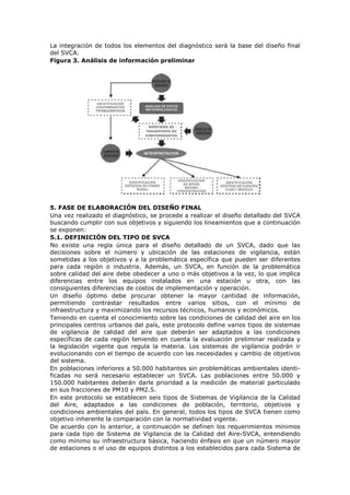 La integración de todos los elementos del diagnóstico será la base del diseño final
del SVCA.
Figura 3. Análisis de información preliminar
5. FASE DE ELABORACIÓN DEL DISEÑO FINAL
Una vez realizado el diagnóstico, se procede a realizar el diseño detallado del SVCA
buscando cumplir con sus objetivos y siguiendo los lineamientos que a continuación
se exponen:
5.1. DEFINICIÓN DEL TIPO DE SVCA
No existe una regla única para el diseño detallado de un SVCA, dado que las
decisiones sobre el número y ubicación de las estaciones de vigilancia, están
sometidas a los objetivos y a la problemática específica que pueden ser diferentes
para cada región o industria. Además, un SVCA, en función de la problemática
sobre calidad del aire debe obedecer a uno o más objetivos a la vez, lo que implica
diferencias entre los equipos instalados en una estación u otra, con las
consiguientes diferencias de costos de implementación y operación.
Un diseño óptimo debe procurar obtener la mayor cantidad de información,
permitiendo contrastar resultados entre varios sitios, con el mínimo de
infraestructura y maximizando los recursos técnicos, humanos y económicos.
Teniendo en cuenta el conocimiento sobre las condiciones de calidad del aire en los
principales centros urbanos del país, este protocolo define varios tipos de sistemas
de vigilancia de calidad del aire que deberán ser adaptados a las condiciones
específicas de cada región teniendo en cuenta la evaluación preliminar realizada y
la legislación vigente que regula la materia. Los sistemas de vigilancia podrán ir
evolucionando con el tiempo de acuerdo con las necesidades y cambio de objetivos
del sistema.
En poblaciones inferiores a 50.000 habitantes sin problemáticas ambientales identi-
ficadas no será necesario establecer un SVCA. Las poblaciones entre 50.000 y
150.000 habitantes deberán darle prioridad a la medición de material particulado
en sus fracciones de PM10 y PM2.5.
En este protocolo se establecen seis tipos de Sistemas de Vigilancia de la Calidad
del Aire, adaptados a las condiciones de población, territorio, objetivos y
condiciones ambientales del país. En general, todos los tipos de SVCA tienen como
objetivo inherente la comparación con la normatividad vigente.
De acuerdo con lo anterior, a continuación se definen los requerimientos mínimos
para cada tipo de Sistema de Vigilancia de la Calidad del Aire-SVCA, entendiendo
como mínimo su infraestructura básica, haciendo énfasis en que un número mayor
de estaciones o el uso de equipos distintos a los establecidos para cada Sistema de
 