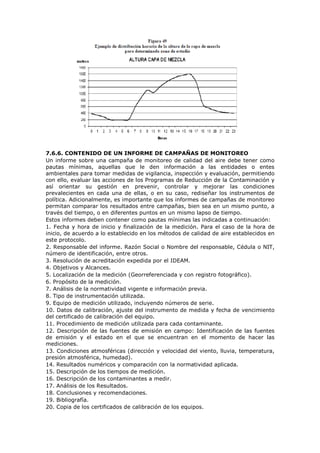 7.6.6. CONTENIDO DE UN INFORME DE CAMPAÑAS DE MONITOREO
Un informe sobre una campaña de monitoreo de calidad del aire debe tener como
pautas mínimas, aquellas que le den información a las entidades o entes
ambientales para tomar medidas de vigilancia, inspección y evaluación, permitiendo
con ello, evaluar las acciones de los Programas de Reducción de la Contaminación y
así orientar su gestión en prevenir, controlar y mejorar las condiciones
prevalecientes en cada una de ellas, o en su caso, rediseñar los instrumentos de
política. Adicionalmente, es importante que los informes de campañas de monitoreo
permitan comparar los resultados entre campañas, bien sea en un mismo punto, a
través del tiempo, o en diferentes puntos en un mismo lapso de tiempo.
Estos informes deben contener como pautas mínimas las indicadas a continuación:
1. Fecha y hora de inicio y finalización de la medición. Para el caso de la hora de
inicio, de acuerdo a lo establecido en los métodos de calidad de aire establecidos en
este protocolo.
2. Responsable del informe. Razón Social o Nombre del responsable, Cédula o NIT,
número de identificación, entre otros.
3. Resolución de acreditación expedida por el IDEAM.
4. Objetivos y Alcances.
5. Localización de la medición (Georreferenciada y con registro fotográfico).
6. Propósito de la medición.
7. Análisis de la normatividad vigente e información previa.
8. Tipo de instrumentación utilizada.
9. Equipo de medición utilizado, incluyendo números de serie.
10. Datos de calibración, ajuste del instrumento de medida y fecha de vencimiento
del certificado de calibración del equipo.
11. Procedimiento de medición utilizada para cada contaminante.
12. Descripción de las fuentes de emisión en campo: Identificación de las fuentes
de emisión y el estado en el que se encuentran en el momento de hacer las
mediciones.
13. Condiciones atmosféricas (dirección y velocidad del viento, lluvia, temperatura,
presión atmosférica, humedad).
14. Resultados numéricos y comparación con la normatividad aplicada.
15. Descripción de los tiempos de medición.
16. Descripción de los contaminantes a medir.
17. Análisis de los Resultados.
18. Conclusiones y recomendaciones.
19. Bibliografía.
20. Copia de los certificados de calibración de los equipos.
 