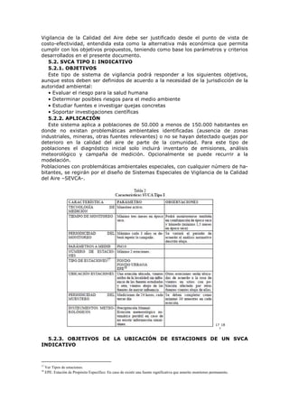 Vigilancia de la Calidad del Aire debe ser justificado desde el punto de vista de
costo-efectividad, entendida esta como la alternativa más económica que permita
cumplir con los objetivos propuestos, teniendo como base los parámetros y criterios
desarrollados en el presente documento.
5.2. SVCA TIPO I: INDICATIVO
5.2.1. OBJETIVOS
Este tipo de sistema de vigilancia podrá responder a los siguientes objetivos,
aunque estos deben ser definidos de acuerdo a la necesidad de la jurisdicción de la
autoridad ambiental:
• Evaluar el riesgo para la salud humana
• Determinar posibles riesgos para el medio ambiente
• Estudiar fuentes e investigar quejas concretas
• Soportar investigaciones científicas
5.2.2. APLICACIÓN
Este sistema aplica a poblaciones de 50.000 a menos de 150.000 habitantes en
donde no existan problemáticas ambientales identificadas (ausencia de zonas
industriales, mineras, otras fuentes relevantes) o no se hayan detectado quejas por
deterioro en la calidad del aire de parte de la comunidad. Para este tipo de
poblaciones el diagnóstico inicial solo incluirá inventario de emisiones, análisis
meteorológico y campaña de medición. Opcionalmente se puede recurrir a la
modelación.
Poblaciones con problemáticas ambientales especiales, con cualquier número de ha-
bitantes, se regirán por el diseño de Sistemas Especiales de Vigilancia de la Calidad
del Aire –SEVCA-.
17
,18
5.2.3. OBJETIVOS DE LA UBICACIÓN DE ESTACIONES DE UN SVCA
INDICATIVO
17
Ver Tipos de estaciones.
18
EPE: Estación de Propósito Específico: En caso de existir una fuente significativa que amerite monitoreo permanente.
 