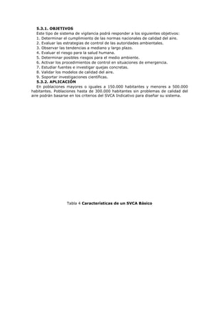 5.3.1. OBJETIVOS
Este tipo de sistema de vigilancia podrá responder a los siguientes objetivos:
1. Determinar el cumplimiento de las normas nacionales de calidad del aire.
2. Evaluar las estrategias de control de las autoridades ambientales.
3. Observar las tendencias a mediano y largo plazo.
4. Evaluar el riesgo para la salud humana.
5. Determinar posibles riesgos para el medio ambiente.
6. Activar los procedimientos de control en situaciones de emergencia.
7. Estudiar fuentes e investigar quejas concretas.
8. Validar los modelos de calidad del aire.
9. Soportar investigaciones científicas.
5.3.2. APLICACIÓN
En poblaciones mayores o iguales a 150.000 habitantes y menores a 500.000
habitantes. Poblaciones hasta de 300.000 habitantes sin problemas de calidad del
aire podrán basarse en los criterios del SVCA Indicativo para diseñar su sistema.
Tabla 4 Características de un SVCA Básico
 
