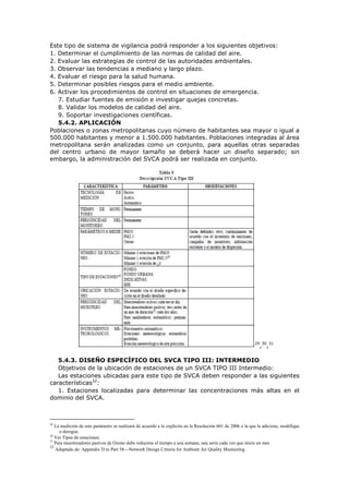 Este tipo de sistema de vigilancia podrá responder a los siguientes objetivos:
1. Determinar el cumplimiento de las normas de calidad del aire.
2. Evaluar las estrategias de control de las autoridades ambientales.
3. Observar las tendencias a mediano y largo plazo.
4. Evaluar el riesgo para la salud humana.
5. Determinar posibles riesgos para el medio ambiente.
6. Activar los procedimientos de control en situaciones de emergencia.
7. Estudiar fuentes de emisión e investigar quejas concretas.
8. Validar los modelos de calidad del aire.
9. Soportar investigaciones científicas.
5.4.2. APLICACIÓN
Poblaciones o zonas metropolitanas cuyo número de habitantes sea mayor o igual a
500.000 habitantes y menor a 1.500.000 habitantes. Poblaciones integradas al área
metropolitana serán analizadas como un conjunto, para aquellas otras separadas
del centro urbano de mayor tamaño se deberá hacer un diseño separado; sin
embargo, la administración del SVCA podrá ser realizada en conjunto.
29
,30
,31
5.4.3. DISEÑO ESPECÍFICO DEL SVCA TIPO III: INTERMEDIO
Objetivos de la ubicación de estaciones de un SVCA TIPO III Intermedio:
Las estaciones ubicadas para este tipo de SVCA deben responder a las siguientes
características32
:
1. Estaciones localizadas para determinar las concentraciones más altas en el
dominio del SVCA.
29
La medición de este parámetro se realizará de acuerdo a lo explicito en la Resolución 601 de 2006 o la que la adicione, modifique
o derogue.
30
Ver Tipos de estaciones.
31
Para muestreadores pasivos de Ozono debe reducirse el tiempo a una semana, una serie cada vez que inicie un mes
32
Adaptado de: Appendix D to Part 58—Network Design Criteria for Ambient Air Quality Monitoring.
 