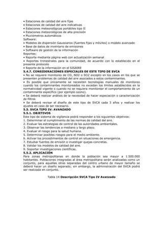 • Estaciones de calidad del aire fijas
• Estaciones de calidad del aire indicativas
• Estaciones meteorológicas portátiles tipo II
• Estaciones meteorológicas de alta precisión
• Pluviómetros automáticos
Software:
• Modelos de dispersión Gaussianos (fuentes fijas y móviles) o modelo avanzado
• Base de datos de inventario de emisiones
• Software de gestión de la información
Reportes:
• Reporte mediante página web con actualización semanal
• Reportes trimestrales para la comunidad, de acuerdo con lo establecido en el
presente protocolo
• Reporte de la información en el SISAIRE
5.4.7. CONSIDERACIONES ESPECIALES DE ESTE TIPO DE SVCA
• No se requiere monitoreo de CO, NO2 o SO2 excepto en los casos en los que se
presenten problemas de calidad del aire asociados a estos conteminantes.
• Es posible que únicamente se necesiten tecnologías manuales de monitoreo
cuando los contaminantes monitoreados no excedan los límites establecidos en la
normatividad vigente o cuando no se requiera monitorear el comportamiento de un
contaminante específico (por ejemplo ozono).
• Se deberá realizar análisis de la necesidad de hacer especiación o caracterización
de filtros
• Se deberá revisar el diseño de este tipo de SVCA cada 3 años y realizar los
ajustes en caso de ser necesario.
5.5. SVCA TIPO IV: AVANZADO
5.5.1. OBJETIVOS
Este tipo de sistema de vigilancia podrá responder a los siguientes objetivos:
1. Determinar el cumplimiento de las normas de calidad del aire.
2. Evaluar las estrategias de control de las autoridades ambientales.
3. Observar las tendencias a mediano y largo plazo.
4. Evaluar el riesgo para la salud humana.
5. Determinar posibles riesgos para el medio ambiente.
6. Activar los procedimientos de control en situaciones de emergencia.
7. Estudiar fuentes de emisión e investigar quejas concretas.
8. Validar los modelos de calidad del aire.
9. Soportar investigaciones científicas.
5.5.2. APLICACIÓN
Para zonas metropolitanas en donde la población sea mayor a 1.500.000
habitantes. Poblaciones integradas al área metropolitana serán analizadas como un
conjunto, para aquellas otras separadas del centro urbano de mayor tamaño se
deberá hacer un diseño separado; sin embargo, la administración del SVCA podrá
ser realizada en conjunto.
Tabla 14 Descripción SVCA Tipo IV Avanzado
 