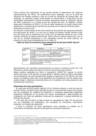 Como mínimo dos estaciones en los puntos donde se determinen las mayores
concentraciones de PM10. De preferencia serán ubicadas, una en el área de
influencia de fuentes móviles y otra en el área de influencia de fuentes fijas. Sin
embargo, su ubicación estará condicionada al conocimiento y experiencia de las
autoridades ambientales. Cuando se tengan estaciones donde se registren valores
de PM10 superiores a la norma anual de calidad del aire, se deberán instalar
estaciones indicativas de PM2.5. El uso de estas estaciones se podrá utilizar para
especiación o caracterización de filtros de acuerdo con lo descrito anteriormente.
Estaciones de ozono (O3)
Se ubicarán vientos abajo de los sitios donde se encuentren las mayores emisiones
de precursores de ozono, a no ser que la región de estudio colinde vientos arriba
con otra área que se caracterice por contar con la presencia fuerte de una o más
fuentes emisoras de dichos precursores. Estos sitios se podrán determinar con el
uso de un modelo fotoquímico o con campañas previas de tubos pasivos, de
acuerdo con los criterios establecidos en la Tabla 16.
Tabla 16 Tipo de monitoreo para estaciones de O3 para SVCA Tipo IV
Avanzado
43
,44
Generalmente, las máximas concentraciones de ozono se producen entre 16 y 48
kilómetros vientos abajo del área de máximos precursores de ozono44.
Según análisis realizados por Monn y Hangartner (1990)45
45, superar la norma
horaria de ozono (120 mg/m3) es equivalente a obtener valores medios semanales
de concentración de este contaminante iguales o superiores a 30 mg/m3, por esta
razón, se establece este valor como parámetro de comparación con los valores que
pueden llegar a obtenerse semanalmente con el muestreo con tubos pasivos en las
campañas de monitoreo.
Estaciones de otros parámetros
En este tipo de SVCA podría medirse CO en cañones urbanos a nivel de suelo en
puntos críticos. También serán definidos puntos a nivel de fondo urbano de acuerdo
con los resultados de modelos de dispersión y campañas específicas empleando
estaciones indicativas en los puntos de mayor concentración, determinados por
modelación con fines de establecer relaciones de dispersión y posible definición de
factores de emisión.
• En este tipo de SVCA se debe evaluar la necesidad de medir CO de acuerdo
con los resultados del diagnóstico, las campañas de monitoreo, información
existente o el modelo de dispersión.
• Para la inclusión de otros parámetros será necesario el análisis de la
información recolectada durante la campaña de monitoreo preliminar:
43
Esta acción sería equivalente a si se estuvieran reportando sobrepasos a la norma horaria de 120 mg/m3, de acuerdo a lo
establecido en trabajos de investigación realizados por Monn y Hangartner, 1990.
44
Quality Assurance Handbook for Air Pollution Measurement Systems. EPA. 1998.
45
MONN, Ch. and HANGARTNER, M. Federal Institute of Technology. Passive Sampling for ozone. Journal of the Air and Waste
Management Association, Vol. 40, No. 3. 1990.
 