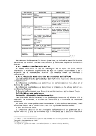 51
,52
,53
Para el caso de la realización de una línea base, se incluirá la medición de otros
parámetros de acuerdo con las características y emisiones propias de la fuente a
evaluar.
5.7.5. DISEÑO ESPECÍFICO DE SVCAI
El diseño involucrará el uso de estrategias de los tipos de SVCA Básico,
Intermedio y Avanzado, dependiendo del tipo de fuentes involucradas y de la
magnitud de la problemática puntual. Los criterios serán los definidos a
continuación.
5.7.5.1. Objetivos de la ubicación de estaciones de un SVCAI
Las estaciones ubicadas para este tipo de SVCA deben responder a las siguientes
características54
:
1. Estaciones localizadas para determinar las concentraciones más altas en el
dominio del SVCAI.
2. Estaciones localizadas para determinar el impacto en la calidad del aire de
fuentes significativas.
3. Estaciones localizadas para determinar concentraciones generales de fondo.
5.7.5.2. Número de estaciones
Definición y Ubicación de estaciones fijas
Las estaciones serán ubicadas y sus parámetros definidos de acuerdo con el
inventario de emisiones, el modelo de dispersión y la campaña de monitoreo
preliminar.
En zonas con varias poblaciones involucradas, la ubicación de estaciones, como
mínimo se deberá hacer teniendo en cuenta las siguientes consideraciones:
1. Una estación de fondo.
2. Estaciones ubicadas en las principales concentraciones de población de la
región analizada y que se encuentra bajo la influencia de la actividad industrial.
51
En el Anexo 3 y en el Anexo 4 se hace una explicación de la cantidad de datos necesarios para este tipo de sistemas.
52
De acuerdo a criterios adaptados del CFR40.
53
Ver Tipos de estaciones.
54
54 Adaptado de: Appendix D to Part 58—Network Design Criteria for Ambient Air Quality Monitoring.
 