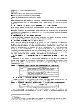• Estaciones meteorológicas portátiles
Software:
• Modelos Gaussianos de sondeo55
o refinados56
• Base de datos de inventario de emisiones
• Base de datos de gestión de la información
Reportes:
• Se debe reportar a la autoridad ambiental dando cumplimiento a lo establecido en
el Manual de Operación de Sistemas de Vigilancia de Calidad del aire del presente
protocolo.
5.7.8. CONSIDERACIONES ESPECIALES DE ESTE TIPO DE SVCA
• Se deberá revisar el diseño del sistema cuando cambie alguna de las condiciones
del proceso.
• Cuando no exista la disponibilidad de fluido eléctrico, para medición de gases se
podrán utilizar muestreadores pasivos. En este caso se realizarán dos campañas de
15 días por triplicado.
6. PARÁMETROS DE DISEÑO DE UN SVCA
Una vez se hayan concluido los aspectos generales del diseño, se deben detallar
varios aspectos del mismo, que se especifican a continuación.
6.1. DEFINICIÓN DEL TIPO DE ESTACIONES57
Para evaluar y realizar el análisis de la calidad del aire a partir de los datos que
proporcionan las estaciones de medición, es necesario tener en cuenta las
características específicas de los puntos de medición considerados. Por lo tanto, se
clasifican las estaciones de acuerdo con varios niveles descritos a continuación, de
modo que las características y la representatividad de sus datos queden
perfectamente establecidas al leer su ficha técnica (Figura 5). A continuación se
explican las características de cada estación que deben ser definidas en el diseño
del SVCA, registradas en el SISAIRE y documentadas en los informes.
6.1.1. NIVEL 1: CLASIFICACIÓN DE ESTACIONES SEGÚN EL TIPO DE
ÁREA
Respecto a este nivel, la clasificación determina el tipo de área donde se
encuentra la estación de monitoreo. El tipo de área está basado en la distribución o
densidad de edificaciones presentes. Se definen tres posibles tipos, tal como se
muestra en la Tabla 22.
Tabla 22 Tipos de áreas relativas a la clasificación de estaciones
6.1.2. NIVEL 2: SEGÚN EL TIEMPO DE MUESTREO
Busca establecer la representatividad de los datos en la escala de tiempo. Se
definen dos posibles tipos, tal como se muestra en la Tabla 23.
Tabla 23 Tipos de estaciones de acuerdo a su representatividad temporal
Los resultados provenientes de estaciones indicativas en caso de no tener una
duración en tiempo suficiente (mayor o igual a un año) no pueden compararse con
55
Ejemplo SCREEN.
56
ISCST o AERMOD.
57
Tomado como base y adaptado de: PROPUESTA PARA LA ELABORACIÓN DE UN SISTEMA DE EVALUACIÓN DE LA
CALIDAD DEL AIRE EN EL MARCO DE LAS NUEVAS DIRECTIVAS. Joaquim Cot y Carme Callés, técnicos del Departament
de Medi Ambient de la Generalitat de Catalunya. Versión final 8 de mayo de 2000.
 