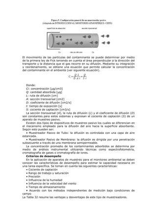 El movimiento de las partículas del contaminante se puede determinar por medio
de la primera ley de Fick teniendo en cuenta el área perpendicular a la dirección del
transporte y la distancia que el gas recorre en su difusión. Mediante su integración
y reordenamiento, se obtiene una ecuación que permite calcular la concentración
del contaminante en el ambiente (ver siguiente ecuación).
Donde:
Ci: concentración [µg/cm3]
Q: cantidad absorbida [µg]
L: ruta de difusión [cm]
A: sección transversal [cm2]
D: coeficiente de difusión [cm2/s]
t: tiempo de exposición [s]
S: cociente de captación [cm3/s]
La sección transversal (A), la ruta de difusión (L) y el coeficiente de difusión (D)
son constantes para estos sistemas y expresan el cociente de captación (S) de un
aparato de muestreo pasivo.
Existen dos tipos de dispositivos de muestreo pasivo los cuales se diferencian en
el mecanismo empleado para la difusión del aire hacia la superficie absorbente.
Según esto pueden ser:
• Muestreador Pasivo de Tubo: la difusión es controlada con una capa de aire
estancada.
• Muestreador Pasivo de Membrana: la difusión es dirigida por una penetración
subsecuente a través de una membrana semipermeable.
La concentración promedio de los contaminantes adsorbidos se determina por
medio de análisis instrumental utilizando técnicas como espectrofotometría,
cromatografía de gases o cromatografía de iones.
Criterios de desempeño
En la aplicación de aparatos de muestreo para el monitoreo ambiental se deben
conocer las características de desempeño para estimar la capacidad necesaria en
una tarea específica. Se toman en cuenta las siguientes características:
• Cociente de captación
• Rango de trabajo y saturación
• Precisión
• Influencia de la humedad
• Influencia de la velocidad del viento
• Tiempo de almacenamiento
• Acuerdo con los métodos independientes de medición bajo condiciones de
campo
La Tabla 32 resume las ventajas y desventajas de este tipo de muestreadores.
 