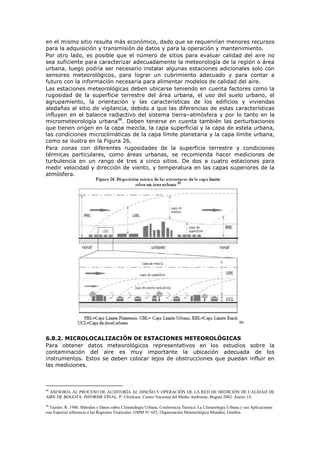 en el mismo sitio resulta más económico, dado que se requerirían menores recursos
para la adquisición y transmisión de datos y para la operación y mantenimiento.
Por otro lado, es posible que el número de sitios para evaluar calidad del aire no
sea suficiente para caracterizar adecuadamente la meteorología de la región o área
urbana, luego podría ser necesario instalar algunas estaciones adicionales solo con
sensores meteorológicos, para lograr un cubrimiento adecuado y para contar a
futuro con la información necesaria para alimentar modelos de calidad del aire.
Las estaciones meteorológicas deben ubicarse teniendo en cuenta factores como la
rugosidad de la superficie terrestre del área urbana, el uso del suelo urbano, el
agrupamiento, la orientación y las características de los edificios y viviendas
aledañas al sitio de vigilancia, debido a que las diferencias de estas características
influyen en el balance radiactivo del sistema tierra–atmósfera y por lo tanto en la
micrometeorología urbana98
. Deben tenerse en cuenta también las perturbaciones
que tienen origen en la capa mezcla, la capa superficial y la capa de estela urbana,
las condiciones microclimáticas de la capa límite planetaria y la capa límite urbana,
como se ilustra en la Figura 26.
Para zonas con diferentes rugosidades de la superficie terrestre y condiciones
térmicas particulares, como áreas urbanas, se recomienda hacer mediciones de
turbulencia en un rango de tres a cinco sitios. De dos a cuatro estaciones para
medir velocidad y dirección de viento, y temperatura en las capas superiores de la
atmósfera.
99
6.8.2. MICROLOCALIZACIÓN DE ESTACIONES METEOROLÓGICAS
Para obtener datos meteorológicos representativos en los estudios sobre la
contaminación del aire es muy importante la ubicación adecuada de los
instrumentos. Estos se deben colocar lejos de obstrucciones que puedan influir en
las mediciones.
98
ASESORÍA AL PROCESO DE AUDITORÍA AL DISEÑO Y OPERACIÓN DE LA RED DE MEDICIÓN DE CALIDAD DE
AIRE DE BOGOTÁ. INFORME FINAL. P. Ulricksen. Centro Nacional del Medio Ambiente, Bogotá 2002. Anexo 14.
99
Taesler, R. 1988. Métodos y Datos sobre Climatología Urbana. Conferencia Técnica: La Climatología Urbana y sus Aplicaciones
con Especial referencia a las Regiones Tropicales. OMM N° 652, Organización Meteorológica Mundial, Ginebra
 