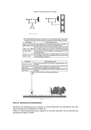 .
6.8.2.2. Sensores de temperatura
Sensores de temperatura Los criterios y recomendaciones de localización de este
tipo de sensores se establecen la Tabla 37.
Tabla 37. Recomendaciones para asegurar la correcta ubicación de los sensores de
temperatura según la OMM
 