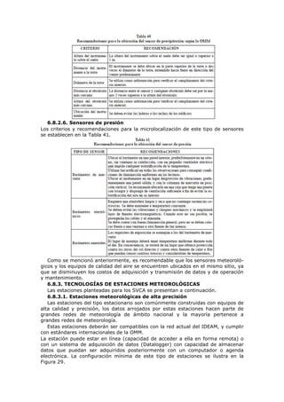 6.8.2.6. Sensores de presión
Los criterios y recomendaciones para la microlocalización de este tipo de sensores
se establecen en la Tabla 41.
Como se mencionó anteriormente, es recomendable que los sensores meteoroló-
gicos y los equipos de calidad del aire se encuentren ubicados en el mismo sitio, ya
que se disminuyen los costos de adquisición y transmisión de datos y de operación
y mantenimiento.
6.8.3. TECNOLOGÍAS DE ESTACIONES METEOROLÓGICAS
Las estaciones planteadas para los SVCA se presentan a continuación.
6.8.3.1. Estaciones meteorológicas de alta precisión
Las estaciones del tipo estacionario son comúnmente construidas con equipos de
alta calidad y precisión, los datos arrojados por estas estaciones hacen parte de
grandes redes de meteorología de ámbito nacional y la mayoría pertenece a
grandes redes de meteorología.
Estas estaciones deberán ser compatibles con la red actual del IDEAM, y cumplir
con estándares internacionales de la OMM.
La estación puede estar en línea (capacidad de acceder a ella en forma remota) o
con un sistema de adquisición de datos (Datalogger) con capacidad de almacenar
datos que puedan ser adquiridos posteriormente con un computador o agenda
electrónica. La configuración mínima de este tipo de estaciones se ilustra en la
Figura 29.
 