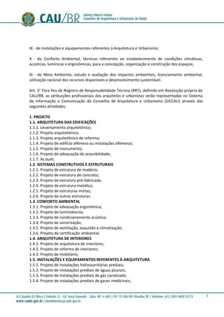 3
IX - de instalações e equipamentos referentes à Arquitetura e Urbanismo;
X - do Conforto Ambiental, técnicas referentes ao estabelecimento de condições climáticas,
acústicas, lumínicas e ergonômicas, para a concepção, organização e construção dos espaços;
XI - do Meio Ambiente, estudo e avaliação dos impactos ambientais, licenciamento ambiental,
utilização racional dos recursos disponíveis e desenvolvimento sustentável.
Art. 3° Para fins de Registro de Responsabilidade Técnica (RRT), definido em Resolução própria do
CAU/BR, as atribuições profissionais dos arquitetos e urbanistas serão representadas no Sistema
de Informação e Comunicação do Conselho de Arquitetura e Urbanismo (SICCAU) através das
seguintes atividades:
1. PROJETO
1.1. ARQUITETURA DAS EDIFICAÇÕES
1.1.1. Levantamento arquitetônico;
1.1.2. Projeto arquitetônico;
1.1.3. Projeto arquitetônico de reforma;
1.1.4. Projeto de edifício efêmero ou instalações efêmeras;
1.1.5. Projeto de monumento;
1.1.6. Projeto de adequação de acessibilidade;
1.1.7. As built;
1.2. SISTEMAS CONSTRUTIVOS E ESTRUTURAIS
1.2.1. Projeto de estrutura de madeira;
1.2.2. Projeto de estrutura de concreto;
1.2.3. Projeto de estrutura pré-fabricada;
1.2.4. Projeto de estrutura metálica;
1.2.5. Projeto de estruturas mistas;
1.2.6. Projeto de outras estruturas.
1.3. CONFORTO AMBIENTAL
1.3.1. Projeto de adequação ergonômica;
1.3.2. Projeto de luminotecnia;
1.3.3. Projeto de condicionamento acústico;
1.3.4. Projeto de sonorização;
1.3.5. Projeto de ventilação, exaustão e climatização;
1.3.6. Projeto de certificação ambiental;
1.4. ARQUITETURA DE INTERIORES
1.4.1. Projeto de arquitetura de interiores;
1.4.2. Projeto de reforma de interiores;
1.4.3. Projeto de mobiliário;
1.5. INSTALAÇÕES E EQUIPAMENTOS REFERENTES À ARQUITETURA
1.5.1. Projeto de instalações hidrossanitárias prediais;
1.5.2. Projeto de instalações prediais de águas pluviais;
1.5.3. Projeto de instalações prediais de gás canalizado;
1.5.4. Projeto de instalações prediais de gases medicinais;
 