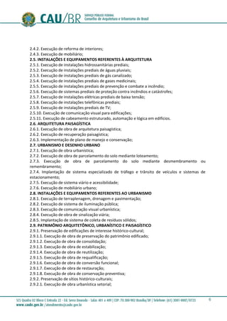 6
2.4.2. Execução de reforma de interiores;
2.4.3. Execução de mobiliário;
2.5. INSTALAÇÕES E EQUIPAMENTOS REFERENTES À ARQUITETURA
2.5.1. Execução de instalações hidrossanitárias prediais;
2.5.2. Execução de instalações prediais de águas pluviais;
2.5.3. Execução de instalações prediais de gás canalizado;
2.5.4. Execução de instalações prediais de gases medicinais;
2.5.5. Execução de instalações prediais de prevenção e combate a incêndio;
2.5.6. Execução de sistemas prediais de proteção contra incêndios e catástrofes;
2.5.7. Execução de instalações elétricas prediais de baixa tensão;
2.5.8. Execução de instalações telefônicas prediais;
2.5.9. Execução de instalações prediais de TV;
2.5.10. Execução de comunicação visual para edificações;
2.5.11. Execução de cabeamento estruturado, automação e lógica em edifícios.
2.6. ARQUITETURA PAISAGÍSTICA
2.6.1. Execução de obra de arquitetura paisagística;
2.6.2. Execução de recuperação paisagística;
2.6.3. Implementação de plano de manejo e conservação;
2.7. URBANISMO E DESENHO URBANO
2.7.1. Execução de obra urbanística;
2.7.2. Execução de obra de parcelamento do solo mediante loteamento;
2.7.3. Execução de obra de parcelamento do solo mediante desmembramento ou
remembramento;
2.7.4. Implantação de sistema especializado de tráfego e trânsito de veículos e sistemas de
estacionamento;
2.7.5. Execução de sistema viário e acessibilidade;
2.7.6. Execução de mobiliário urbano;
2.8. INSTALAÇÕES E EQUIPAMENTOS REFERENTES AO URBANISMO
2.8.1. Execução de terraplenagem, drenagem e pavimentação;
2.8.2. Execução de sistema de iluminação pública;
2.8.3. Execução de comunicação visual urbanística;
2.8.4. Execução de obra de sinalização viária;
2.8.5. Implantação de sistema de coleta de resíduos sólidos;
2.9. PATRIMÔNIO ARQUITETÔNICO, URBANÍSTICO E PAISAGÍSTICO
2.9.1. Preservação de edificações de interesse histórico-cultural;
2.9.1.1. Execução de obra de preservação do patrimônio edificado;
2.9.1.2. Execução de obra de consolidação;
2.9.1.3. Execução de obra de estabilização;
2.9.1.4. Execução de obra de reutilização;
2.9.1.5. Execução de obra de requalificação;
2.9.1.6. Execução de obra de conversão funcional;
2.9.1.7. Execução de obra de restauração;
2.9.1.8. Execução de obra de conservação preventiva;
2.9.2. Preservação de sítios histórico-culturais;
2.9.2.1. Execução de obra urbanística setorial;
 