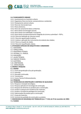 8
4.4. PLANEJAMENTO URBANO
4.4.1. Levantamento ou inventário urbano;
4.4.2. Diagnóstico físico-territorial, socioeconômico e ambiental;
4.4.3. Planejamento setorial urbano;
4.4.4. Plano de intervenção local;
4.4.5. Planos diretores;
4.4.6. Plano de saneamento básico ambiental;
4.4.7. Plano diretor de drenagem pluvial;
4.4.8. Plano diretor de mobilidade e transporte;
4.4.9. Plano diretor de desenvolvimento integrado do turismo sustentável – PDITs;
4.4.10. Plano de habitação de interesse social;
4.4.11. Plano de regularização fundiária;
4.4.12. Análise e aplicação dos instrumentos do estatuto das cidades;
4.4.13. Plano ou traçado de cidade;
4.4.14. Plano de requalificação urbana;
5. ATIVIDADES ESPECIAIS EM ARQUITETURA E URBANISMO
5.1. ASSESSORIA;
5.2. CONSULTORIA;
5.3. ASSISTÊNCIA TÉCNICA;
5.4. VISTORIA; 5.5. PERÍCIA;
5.6. AVALIAÇÃO;
5.7. LAUDO TÉCNICO;
5.8. PARECER TÉCNICO;
5.9. AUDITORIA;
5.10. ARBITRAGEM;
5.11. MENSURAÇÃO;
6. ENSINO E PESQUISA
6.1. ENSINO
6.1.1. Ensino de graduação e/ou pós-graduação;
6.1.2. Extensão;
6.1.3. Educação continuada;
6.1.4. Treinamento;
6.1.5. Ensino Técnico Profissionalizante;
6.2. PESQUISA
6.3. TECNOLOGIA DA CONSTRUÇÃO E CONTROLE DE QUALIDADE
6.3.1. Pesquisa e inovação tecnológica;
6.3.2. Pesquisa aplicada em tecnologia da construção;
6.3.3. Pesquisa de elemento ou produto para a construção;
6.3.4. Estudo ou pesquisa de resistência dos materiais;
6.3.5. Estudo e correção de patologias da construção;
6.3.6. Padronização de produto para a construção;
6.3.7. Ensaio de materiais;
6.3.8. Controle de qualidade de construção ou produto.
7. ENGENHARIA DE SEGURANÇA DO TRABALHO (Lei n° 7.410, de 27 de novembro de 1985)
7.1. PLANOS
 
