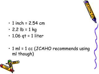1 inch = 2.54 cm 2.2 lb = 1 kg 1.06 qt = 1 liter 1 ml = 1 cc (JCAHO recommends using ml though) 