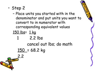 Step 2 Place units you started with in the denominator and put units you want to convert to in numerator with corresponding equivalent values  150 lbs =  1 kg 1   2.2 lbs cancel out lbs; do math 150  = 68.2 kg 2.2 