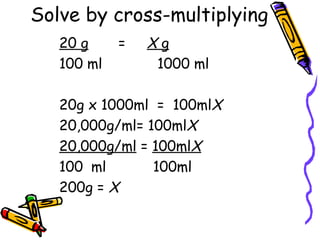 Solve by cross-multiplying 20 g   =  X  g 100 ml   1000 ml 20g x 1000ml  =  100ml X 20,000g/ml= 100ml X 20,000g/ml  =  100ml X 100 ml   100ml 200g =  X 