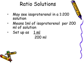 Ratio Solutions May see isoproterenol in a 1:200 solution Means 1ml of isoproterenol  per 200 ml of solution Set up as  1 ml   200 ml 