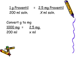 1 g Proventil   =  2.5 mg Proventil 200 ml soln.   X  ml soln. Convert g to mg 1000 mg = 2.5 mg  200 ml x ml 