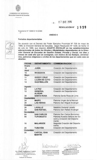 GOBIERNO DE MENDOZA
DirecciOn General de Escuelas
3- 0 7 DI C 7016
RESOLUCION N° 2 9 5 g
Expediente N° 15069-D-16-02369
111
ANEXO II
Feriados departamentales
De acuerdo con el Decreto del Poder Ejecutivo Provincial N° 709 de mayo de
1999, la DirecciOn General de Escuelas, segbn ResoluciOn N° 1228, de fecha 12
de Julio de 1999, que dispone ASUETO ESCOLAR en los establecimientos
educacionales de todos los Niveles y Modalidades dependientes de la Direc-
ciOn General de Escuelas de GestiOn Estatal, Privada y Social, los dias y
meses de cada ano que se consignan, con motivo de los festejos, aniversa-
rios, patronos religiosos o civiles de los departamentos que en cada caso se
detallan.
CONMEMORACION
CreaciOn del Departamento
CreaciOn del Departamento
CreaciOn del Departamento
CreaciOn del Departamento
CreaciOn del Departamento
CreaciOn del Departamento
CreaciOn del Departamento
Patrona Santa Rosa de Lima
Patrona Virgen de la Merced
Patrono San Miguel Arcangel
Natalicio General Lavalle
Patrono San Rafael Arcangel
Patrono San Carlos Borromeo
Patrona Nuestra Senora del So-
corro y CreaciOn del Departa-
mento
Segunda CreaciOn del Departa-
mento
CreaciOn del Departamento
FECHA DEPARTAMENTO
Enero
18 JUNIN
Abril
18 RIVADAVIA
Mayo
11 GODOY CRUZ
11 LUJAN DE CUYO
14 GUAYMALLEN
Agosto
04 LA PAZ
12 GENERAL
ALVEAR
30 SANTA ROSA
Septiembre
24 MAIPO
29 LAS HERAS
Octubre
20 LAVALLE
24 SAN RAFAEL
Noviembre
04 SAN CARLOS
08 TUPUNGATO
16 MALARGOE
25 TUNUYAN
Diciembre
20 CAPITAL /SAN CreaciOn del Departamento
MARTIN
Lic. Eiwbha M dalena Cunietti
Subsect etaria e Planeamiento y
EvaluaciOn de la Calidad Educativa
D.G.E.
Gobierno de Mendoza
(1Z-LaucLO
Mgter, MONICA CORONADO
SUBSECRETARiA DE GESTION EDUCATIVA
DIRECCI6N GENERAL DE ESCUELAS
MENDOZA
JA CORREAS
DIRECTOR GENERAL DE ESCUELAS
DIRECOON GENERAL DE ESCUELAS
GOBIERNO DE MENDOZA
 