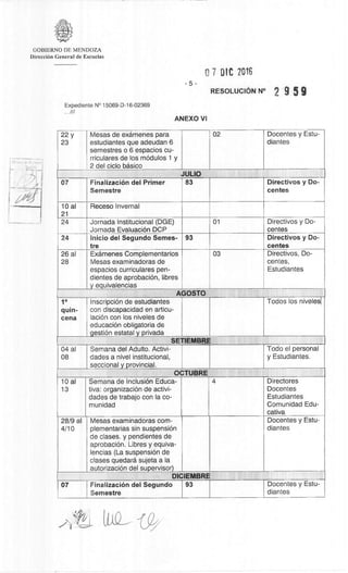 GOBIERNO DE MENDOZA
DirecciOn General de Escuelas
-5-
0 7 DIC 2016
RESOLUCION N° 2 g 5 9
Expediente N° 15069-D-16-02369
..///
ANEXO VI
22 y
23
Mesas de examenes para
estudiantes que adeudan 6
semestres o 6 espacios cu-
rriculares de los mOdulos 1 y
2 del ciclo basic°
02 Docentes y Estu-
diantes
JULIO
07 Finalizaciem del Primer
Semestre
83 Directivos y Do-
centes
10 al
21
Receso Invernal
24 Jornada Institucional (DGE)
Jornada EvaluaciOn DCP
01 Directivos y Do-
centes
24 lnicio del Segundo Semes-
tre
93 Directivos y Do-
centes
26 al
28
Examenes Complementarios
Mesas examinadoras de
espacios curriculares pen-
dientes de aprobaciOn, libres
y equivalencias
03 Directivos, Do-
centes,
Estudiantes
AGOSTO
1°
quin-
cena
InscripciOn de estudiantes
con discapacidad en articu-
lac& con los niveles de
educaciOn obligatoria de
gest& estatal y privada
Todos los nivelesi
SETIEMBRE
04 al
08
Semana del Adulto. Activi-
dades a nivel institucional,
seccional y provincial.
Todo el personal
y Estudiantes.
OCTUBRE
10 al
13
Semana de Inclusion Educa-
tiva: organizacian de activi-
dades de trabajo con la co-
munidad
4 Directores
Docentes
Estudiantes
Comunidad Edu-
cativa
28/9 al
4/10
Mesas examinadoras corn-
plementarias sin suspension
de clases. y pendientes de
aprobaciOn. Libres y equiva-
lencias (La suspension de
clases quedara sujeta a la
autorizaciOn del supervisor)
Docentes y Estu-
diantes
DICIEMBRE
07 Finalizaciem del Segundo
Semestre
93 Docentes y Estu-
diantes
 