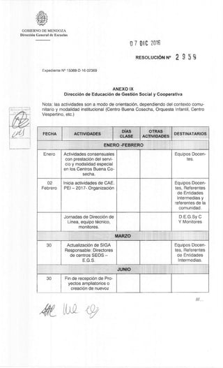 Dirt: 187 I
GOBIERNO DE MENDOZA
DirecciOn General de Escuelas
07DIC 2016
RESOLUCION N° 2 9 5 9
Expediente N° 15069-D-16-02369
ANEXO IX
DirecciOn de EducaciOn de GestiOn Social y Cooperativa
Nota: las actividades son a modo de orientaciOn, dependiendo del contexto comu-
nitario y modalidad institucional (Centro Buena Cosecha, Orquesta Infantil, Centro
Vespertino, etc.)
FECHA
DiAS
ACTIVIDADES
CLASS
OTRAS
ACTIVIDADES
DESTINATARIOS
ENERO -FEBRERO
Enero Actividades consensuales
con prestaciOn del servi-
cio y modalidad especial
en los Centros Buena Co-
secha.
Equipos Docen-
tes.
02
Febrero
Inicia actividades de CAE.
PEI – 2017- OrganizaciOn
Equipos Docen-
tes, Referentes
de Entidades
Intermedias y
referentes de la
comunidad.
Jornadas de DirecciOn de
Linea, equipo tecnico,
monitores.
D.E.G.Sy C
Y Monitores
MARZO
30 ActualizaciOn de SIGA
Responsable: Directores
de centros SEOS –
E.G.S.
Equipos Docen-
tes, Referentes
de Entidades
Intermedias.
JUNTO
30 Fin de recepciOn de Pro-
yectos ampliatorios o
creaciOn de nuevo'
 