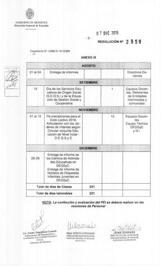 GOBIERNO DE MENDOZA
DirecciOn General de Escuelas
2-
07 DID 2016
RESOLUCION N° 2 9 5 9
Expediente N° 15069-D-16-02369
...///
ANEXO IX
AGOSTO
01 al 04 Entrega de informes Directivos Do-
centes
SETIEMBRE
19 Dia de los Servicios Edu-
cativos de Origen Social
(S.E.O.S.) y de la Educa-
ciOn de Gest& Social y
Cooperativa
1 Equipos Docen-
tes, Referentes
de Entidades
Intermedias y
comunidad.
NOVIEMBRE
01 al 15 Pe-inscripciones para el
Ciclo Lectivo 2018.
Articulacidn con los Jar-
dines de Infantes segUn
Circular conjunta Edu-
caciOn de Nivel Incial -
D.E.G.S.y C
15 Equipos Docen-
tes
Equipo Tecnico
DEGSyC
y N.I.
DICIEMBRE
28-29
Entrega de informe de
los Centros de Activida-
des Educativas en
DEGSyC.
Entrega de Informe de
NUcleos de Orquestas
Infantiles Juveniles en
DEGSyC.
Total de dias de Clases 221
Total de dias laborables 221
NOTA: La confecciOn y evaluackin del PEI se deberà realizar en las
reuniones de Personal
Lic. Emma Mag Lena Cunietti
Subsecretaria
Planearniento y
EvaluaciOn de la Calidad Educativa
D .G .E.
Gobierno de Mendoza
Mgter. MONICA CORONADO
SUBSECRETARiA DE GESTIA EDUCATIVA
DIRECCI6N GENERAL DE ESCUELAS
MENDOZA
lit4 ..::?-416 •
JAIME CORREAS
DIRECTOR GENERAL DE ESCUELAS
DIRECOON GENERAL DE ESCUELAS
GOB.ERNO DE MENDOZA
 