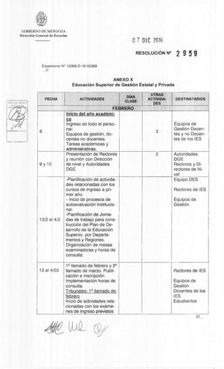 DirecciOn Generr
de EMU°
JAS
GOBIERNO DE MENDOZA
DirecciOn General de Escuelas
7 DIC MI6
RESOLUCION N° 2 9 5 9
Expediente N° 15069-D-16-02369
...///
ANEXO X
EducaciOn Superior de GestiOn Estatal y Privada
FECHA
DIAS
ACTIVIDADES
CLASS
OTRAS
ACTIVIDA-
DES
DESTINATARIOS
FEBRERO
8
Inicio del alio acaderni-
3
Equipos de
GestiOn Docen-
tes y no Docen-
tes de los IES
co
Ingreso de todo el perso-
nal:
Equipos de gestiOn, do-
centes no docentes.
Tareas acadamicas y
administrativas.
9 y 10
PresentaciOn de Rectores
y reunion con DirecciOn
de nivel y Autoridades
DGE
2 Autoridades
DGE
Rectores y Di-
rectores de Ni-
vel
13/2 al 4/3
-PlanificaciOn de activida-
des relacionadas con los
cursos de ingreso a pri-
mer ano.
- Inicio de procesos de
autoevaluaciOn institucio-
nal.
-PlanificaciOn de Jorna-
das de trabajo para cons-
trucciOn del Plan de De-
sarrollo de la EducaciOn
Superior, por Departa-
mentos y Regiones.
OrganizaciOn de mesas
examinadoras y horas de
consulta:
Equipo DES
Rectores de IES
Equipos de
Gest&
13 al 4/03
1° llamado de febrero y 2°
llamado de marzo. Publi-
caciOn e inscripciOn.
Implementación horas de
consulta.
Tribunales: 1° llamado de
Rectores de IES
Equipos de
Gest&
Docentes de los
IES
Estudiantes
febrero
Inicio de actividades rela-
cionadas con los exame-
nes de ingreso previstos
 