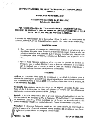 Res 300 Convocatoria a Elecciones Delegados Coomeva 2010-2013