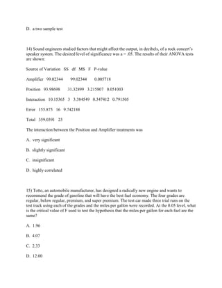 D. a two sample test



14) Sound engineers studied factors that might affect the output, in decibels, of a rock concert’s
speaker system. The desired level of significance was a = .05. The results of their ANOVA tests
are shown:

Source of Variation SS df MS F P-value

Amplifier 99.02344         99.02344      0.005718

Position 93.98698         31.32899 3.215807 0.051003

Interaction 10.15365 3 3.384549 0.347412 0.791505

Error 155.875 16 9.742188

Total 359.0391 23

The interaction between the Position and Amplifier treatments was

A. very significant

B. slightly significant

C. insignificant

D. highly correlated



15) Totto, an automobile manufacturer, has designed a radically new engine and wants to
recommend the grade of gasoline that will have the best fuel economy. The four grades are
regular, below regular, premium, and super premium. The test car made three trial runs on the
test track using each of the grades and the miles per gallon were recorded. At the 0.05 level, what
is the critical value of F used to test the hypothesis that the miles per gallon for each fuel are the
same?

A. 1.96

B. 4.07

C. 2.33

D. 12.00
 