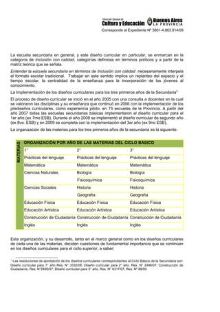 Corresponde al Expediente Nº 5801-4.863.914/09
La escuela secundaria en general, y este diseño curricular en particular, se enmarcan en la
categoría de Inclusión con calidad, categorías definidas en términos políticos y a partir de la
matriz teórica que se señala.
Entender la escuela secundaria en términos de Inclusión con calidad necesariamente interpela
el formato escolar tradicional. Trabajar en este sentido implica un replanteo del espacio y el
tiempo escolar, la centralidad de la enseñanza para la incorporación de los jóvenes al
conocimiento.
La Implementación de los diseños curriculares para los tres primeros años de la Secundaria5
El proceso de diseño curricular se inició en el año 2005 con una consulta a docentes en la cual
se valoraron las disciplinas y su enseñanza que continuó en 2006 con la implementación de los
prediseños curriculares, como experiencia piloto, en 75 escuelas de la Provincia. A partir del
año 2007 todas las escuelas secundarias básicas implementaron el diseño curricular para el
1er año (ex 7mo ESB). Durante el año 2008 se implementó el diseño curricular de segundo año
(ex 8vo. ESB) y en 2009 se completa con la implementación del 3er año (ex 9no ESB),
La organización de las materias para los tres primeros años de la secundaria es la siguiente:
MATERIAS
ORGANIZACIÓN POR AÑO DE LAS MATERIAS DEL CICLO BÁSICO
1° 2° 3°
Prácticas del lenguaje Prácticas del lenguaje Prácticas del lenguaje
Matemática Matemática Matemática
Ciencias Naturales Biología Biología
Fisicoquímica Fisicoquímica
Ciencias Sociales Historia Historia
Geografía Geografía
Educación Física Educación Física Educación Física
Educación Artística Educación Artística Educación Artística
Construcción de Ciudadanía Construcción de Ciudadanía Construcción de Ciudadanía
Inglés Inglés Inglés
Esta organización, y su desarrollo, tanto en el marco general como en los diseños curriculares
de cada una de las materias, deciden cuestiones de fundamental importancia que se continúan
en los diseños curriculares para el ciclo superior, a saber:
5
Las resoluciones de aprobación de los diseños curriculares correspondientes al Ciclo Básico de la Secundaria son:
Diseño curricular para 1° año Res. N° 3332/06; Diseño curricular para 2° año, Res. N° 2496/07; Construcción de
Ciudadanía, Res. N°2495/07; Diseño curricular para 3° año, Res. N° 0317/07, Res. Nº 88/09
 