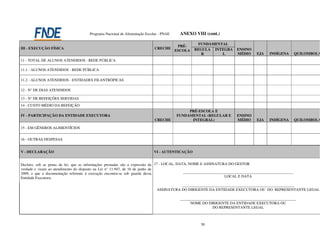 Programa Nacional de Alimentação Escolar - PNAE     ANEXO VIII (cont.)

                                                                                                  FUNDAMENTAL
                                                                                         PRÉ-
III - EXECUÇÃO FÍSICA                                                       CRECHE               REGULA INTEGRA        ENSINO
                                                                                        ESCOLA
                                                                                                    R      L           MÉDIO      EJA    INDÍGENA         QUILOMBOLA
11 - TOTAL DE ALUNOS ATENDIDOS - REDE PÚBLICA

11.1 - ALUNOS ATENDIDOS - REDE PÚBLICA

11.2 - ALUNOS ATENDIDOS - ENTIDADES FILANTRÓPICAS

12 - N° DE DIAS ATENDIDOS

13 - N° DE REFEIÇÕES SERVIDAS
14 - CUSTO MÉDIO DA REFEIÇÃO
                                                                                             PRÉ-ESCOLA E
IV - PARTICIPAÇÃO DA ENTIDADE EXECUTORA                                                 FUNDAMENTAL (REGULAR E         ENSINO
                                                                            CRECHE            INTEGRAL)                MÉDIO      EJA    INDÍGENA         QUILOMBOLA

15 - EM GÊNEROS ALIMENTÍCIOS


16 - OUTRAS DESPESAS


V - DECLARAÇÃO                                                             VI - AUTENTICAÇÃO


Declaro, sob as penas da lei, que as informações prestadas são a expressão da 17 - LOCAL, DATA, NOME E ASSINATURA DO GESTOR
verdade e visam ao atendimento do disposto na Lei n° 11.947, de 16 de junho de
2009, e que a documentação referente à execução encontra-se sob guarda dessa                 __________________________________________________________
Entidade Executora.                                                                                                LOCAL E DATA

                                                                                        ___________________________________________________________
                                                                             ASSINATURA DO DIRIGENTE DA ENTIDADE EXECUTORA OU DO REPRESENTANTE LEGAL

                                                                                          _____________________________________________________________
                                                                                               NOME DO DIRIGENTE DA ENTIDADE EXECUTORA OU
                                                                                                           DO REPRESENTANTE LEGAL



                                                                                                    50
 