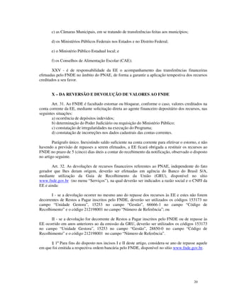 c) as Câmaras Municipais, em se tratando de transferências feitas aos municípios;

       d) os Ministérios Públicos Federais nos Estados e no Distrito Federal;

       e) o Ministério Público Estadual local; e

       f) os Conselhos de Alimentação Escolar (CAE);

        XXV - é de responsabilidade da EE o acompanhamento das transferências financeiras
efetuadas pelo FNDE no âmbito do PNAE, de forma a garantir a aplicação tempestiva dos recursos
creditados a seu favor.


       X – DA REVERSÃO E DEVOLUÇÃO DE VALORES AO FNDE

       Art. 31. Ao FNDE é facultado estornar ou bloquear, conforme o caso, valores creditados na
conta corrente da EE, mediante solicitação direta ao agente financeiro depositário dos recursos, nas
seguintes situações:
       a) ocorrência de depósitos indevidos;
       b) determinação do Poder Judiciário ou requisição do Ministério Público;
       c) constatação de irregularidades na execução do Programa;
       d) constatação de incorreções nos dados cadastrais das contas correntes.

        Parágrafo único. Inexistindo saldo suficiente na conta corrente para efetivar o estorno, e não
havendo a previsão de repasses a serem efetuados, a EE ficará obrigada a restituir os recursos ao
FNDE no prazo de 5 (cinco) dias úteis a contar do recebimento da notificação, observado o disposto
no artigo seguinte.

       Art. 32. As devoluções de recursos financeiros referentes ao PNAE, independente do fato
gerador que lhes deram origem, deverão ser efetuadas em agência do Banco do Brasil S/A,
mediante utilização da Guia de Recolhimento da União (GRU), disponível no sítio
www.fnde.gov.br (no menu “Serviços”), na qual deverão ser indicados a razão social e o CNPJ da
EE e ainda:

       I - se a devolução ocorrer no mesmo ano do repasse dos recursos às EE e estes não forem
decorrentes de Restos a Pagar inscritos pelo FNDE, deverão ser utilizados os códigos 153173 no
campo “Unidade Gestora”, 15253 no campo “Gestão”, 66666-1 no campo “Código de
Recolhimento” e o código 212198001 no campo “Número de Referência”; ou

       II - se a devolução for decorrente de Restos a Pagar inscritos pelo FNDE ou de repasse às
EE ocorrido em anos anteriores ao da emissão da GRU, deverão ser utilizados os códigos 153173
no campo “Unidade Gestora”, 15253 no campo “Gestão”, 28850-0 no campo “Código de
Recolhimento” e o código 212198001 no campo “Número de Referência”.

      § 1º Para fins do disposto nos incisos I e II deste artigo, considera-se ano de repasse aquele
em que foi emitida a respectiva ordem bancária pelo FNDE, disponível no sítio www.fnde.gov.br.




                                                                                             20
 