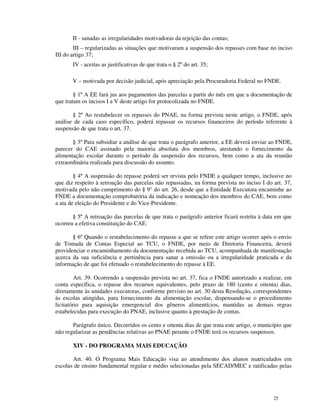 II - sanadas as irregularidades motivadoras da rejeição das contas;
        III – regularizadas as situações que motivaram a suspensão dos repasses com base no inciso
III do artigo 37;
       IV - aceitas as justificativas de que trata o § 2º do art. 35;

       V – motivada por decisão judicial, após apreciação pela Procuradoria Federal no FNDE.

        § 1º A EE fará jus aos pagamentos das parcelas a partir do mês em que a documentação de
que tratam os incisos I a V deste artigo for protocolizada no FNDE.

       § 2º Ao restabelecer os repasses do PNAE, na forma prevista neste artigo, o FNDE, após
análise de cada caso específico, poderá repassar os recursos financeiros do período referente à
suspensão de que trata o art. 37.

       § 3º Para subsidiar a análise de que trata o parágrafo anterior, a EE deverá enviar ao FNDE,
parecer do CAE assinado pela maioria absoluta dos membros, atestando o fornecimento da
alimentação escolar durante o período da suspensão dos recursos, bem como a ata da reunião
extraordinária realizada para discussão do assunto.

        § 4º A suspensão do repasse poderá ser revista pelo FNDE a qualquer tempo, inclusive no
que diz respeito à retroação das parcelas não repassadas, na forma prevista no inciso I do art. 37,
motivada pelo não cumprimento do § 9° do art. 26, desde que a Entidade Executora encaminhe ao
FNDE a documentação comprobatória da indicação e nomeação dos membros do CAE, bem como
a ata de eleição do Presidente e do Vice-Presidente.

       § 5º A retroação das parcelas de que trata o parágrafo anterior ficará restrita à data em que
ocorreu a efetiva constituição do CAE.

       § 6º Quando o restabelecimento do repasse a que se refere este artigo ocorrer após o envio
de Tomada de Contas Especial ao TCU, o FNDE, por meio de Diretoria Financeira, deverá
providenciar o encaminhamento da documentação recebida ao TCU, acompanhada de manifestação
acerca da sua suficiência e pertinência para sanar a omissão ou a irregularidade praticada e da
informação de que foi efetuado o restabelecimento do repasse à EE.

         Art. 39. Ocorrendo a suspensão prevista no art. 37, fica o FNDE autorizado a realizar, em
conta específica, o repasse dos recursos equivalentes, pelo prazo de 180 (cento e oitenta) dias,
diretamente às unidades executoras, conforme previsto no art. 30 desta Resolução, correspondentes
às escolas atingidas, para fornecimento da alimentação escolar, dispensando-se o procedimento
licitatório para aquisição emergencial dos gêneros alimentícios, mantidas as demais regras
estabelecidas para execução do PNAE, inclusive quanto à prestação de contas.

       Parágrafo único. Decorridos os cento e oitenta dias de que trata este artigo, o município que
não regularizar as pendências relativas ao PNAE perante o FNDE terá os recursos suspensos.

       XIV - DO PROGRAMA MAIS EDUCAÇÃO

       Art. 40. O Programa Mais Educação visa ao atendimento dos alunos matriculados em
escolas de ensino fundamental regular e médio selecionadas pela SECAD/MEC e ratificadas pelas




                                                                                            25
 
