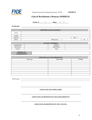 Programa Nacional de Alimentação Escolar - PNAE   ANEXO X

                       Guia de Recebimento e Remessa (MODELO)

                            GUIA nº_______/_______ - Data____/____/_____

ENTIDADE:

                                     IDENTIFICAÇÃO DA ESCOLA
   Nome

  Código
 Endereço                                                                     CEP
  Bairro                                              Município                               UF

                                         ALUNOS ATENDIDOS
  Fundamental                                        Indígena
   Pré-Escola                                       Quilombola
     Creche                                            Total

      PERÍODO DE
     ATENDIMENTO

                                   ESPECIFICAÇÃO DOS PRODUTOS
                Descrição                              Quantidade                   Unidade




Observações:




                                    ASSINATURA DO ENTREGADOR




                       ASSINATURA DO RESPONSÁVEL PELO RECEBIMENTO




                             ASSINATURA DO RESPONSÁVEL PELA ESCOLA




                                                                                    55
 