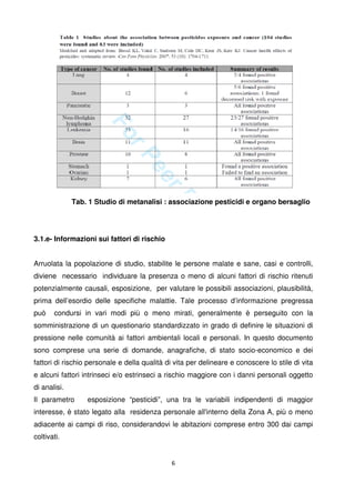 6
Tab. 1 Studio di metanalisi : associazione pesticidi e organo bersaglio
3.1.e- Informazioni sui fattori di rischio
Arruolata la popolazione di studio, stabilite le persone malate e sane, casi e controlli,
diviene necessario individuare la presenza o meno di alcuni fattori di rischio ritenuti
potenzialmente causali, esposizione, per valutare le possibili associazioni, plausibilità,
prima dell’esordio delle specifiche malattie. Tale processo d’informazione pregressa
può condursi in vari modi più o meno mirati, generalmente è perseguito con la
somministrazione di un questionario standardizzato in grado di definire le situazioni di
pressione nelle comunità ai fattori ambientali locali e personali. In questo documento
sono comprese una serie di domande, anagrafiche, di stato socio-economico e dei
fattori di rischio personale e della qualità di vita per delineare e conoscere lo stile di vita
e alcuni fattori intrinseci e/o estrinseci a rischio maggiore con i danni personali oggetto
di analisi.
Il parametro esposizione “pesticidi”, una tra le variabili indipendenti di maggior
interesse, è stato legato alla residenza personale all'interno della Zona A, più o meno
adiacente ai campi di riso, considerandovi le abitazioni comprese entro 300 dai campi
coltivati.
 