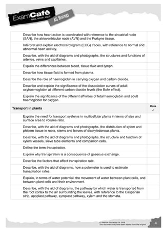Describe how heart action is coordinated with reference to the sinoatrial node 
(SAN), the atrioventricular node (AVN) and the Purkyne tissue. 
Interpret and explain electrocardiogram (ECG) traces, with reference to normal and 
abnormal heart activity. 
Describe, with the aid of diagrams and photographs, the structures and functions of 
arteries, veins and capillaries. 
Explain the differences between blood, tissue fluid and lymph. 
© Pearson Education Ltd 2008 4 
This document may have been altered from the original 
Describe how tissue fluid is formed from plasma. 
Describe the role of haemoglobin in carrying oxygen and carbon dioxide. 
Describe and explain the significance of the dissociation curves of adult 
oxyhaemoglobin at different carbon dioxide levels (the Bohr effect). 
Explain the significance of the different affinities of fetal haemoglobin and adult 
haemoglobin for oxygen. 
Transport in plants 
Done 
 
Explain the need for transport systems in multicellular plants in terms of size and 
surface area to volume ratio. 
Describe, with the aid of diagrams and photographs, the distribution of xylem and 
phloem tissue in roots, stems and leaves of dicotyledonous plants. 
Describe, with the aid of diagrams and photographs, the structure and function of 
xylem vessels, sieve tube elements and companion cells. 
Define the term transpiration. 
Explain why transpiration is a consequence of gaseous exchange. 
Describe the factors that affect transpiration rate. 
Describe, with the aid of diagrams, how a potometer is used to estimate 
transpiration rates. 
Explain, in terms of water potential, the movement of water between plant cells, and 
between plant cells and their environment. 
Describe, with the aid of diagrams, the pathway by which water is transported from 
the root cortex to the air surrounding the leaves, with reference to the Casparian 
strip, apoplast pathway, symplast pathway, xylem and the stomata. 
 